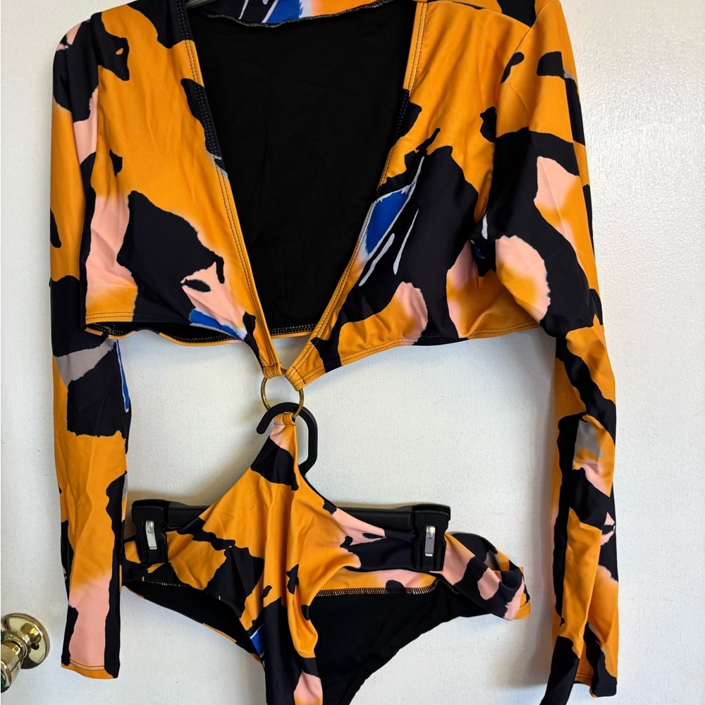Abstract Print Long Sleeve Bikini Set